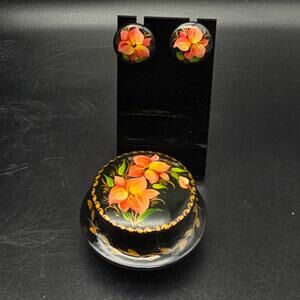Ukrainian Folk Art Lacquerware Trinket Box Jewelry Set Earrings Brooch Necklace
